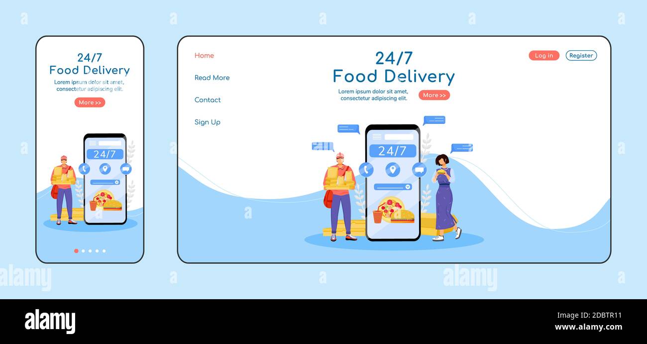 https://c8.alamy.com/comp/2DBTR11/24-hours-food-delivery-adaptive-landing-page-flat-color-vector-template-courier-service-mobile-and-pc-homepage-layout-express-delivery-one-page-webs-2DBTR11.jpg