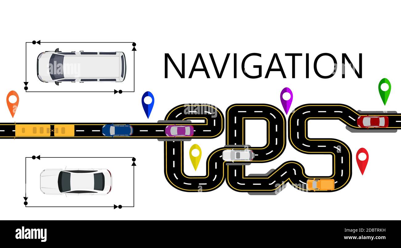 Road, cars, navigator mark. The highway is stylized under the ...