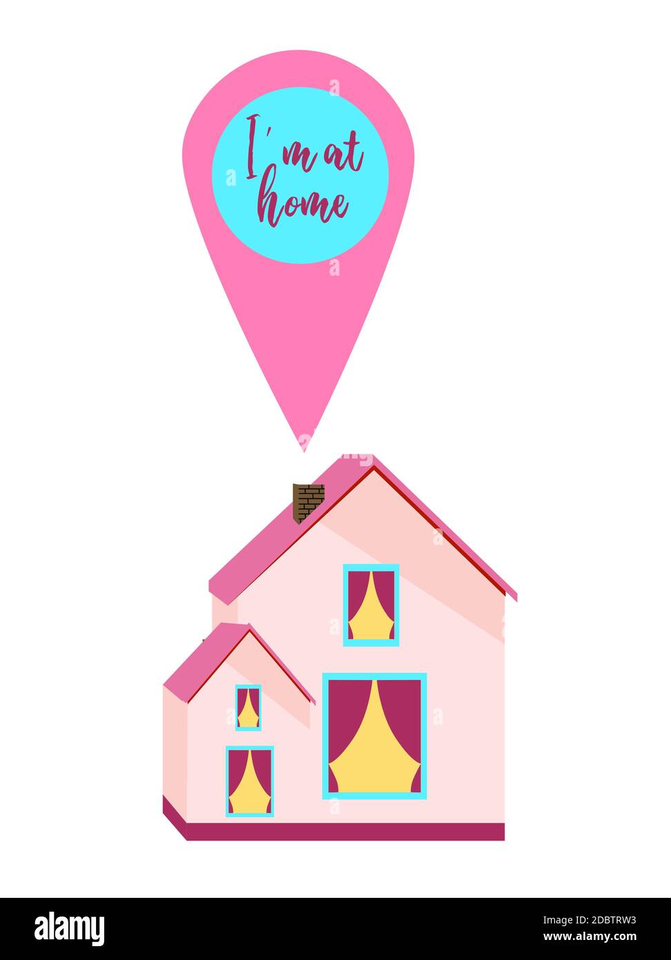 I'm at home. The concept of self-isolation. Cute toy house isolated on white background. Geolocation sign with text. Stock Photo