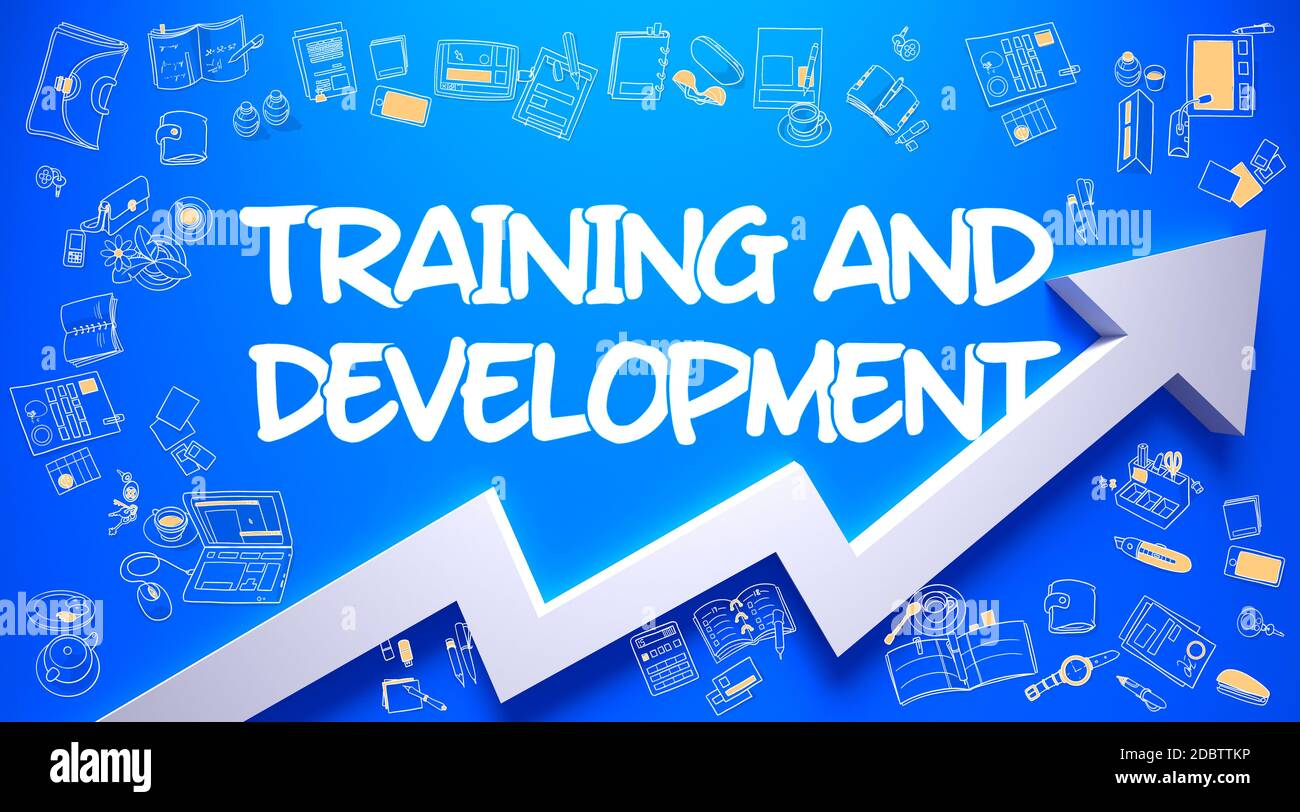 Training And Development - Modern Style Illustration with Doodle Design Elements. Training And Development Drawn on Blue Wall. Illustration with Hand Stock Photo