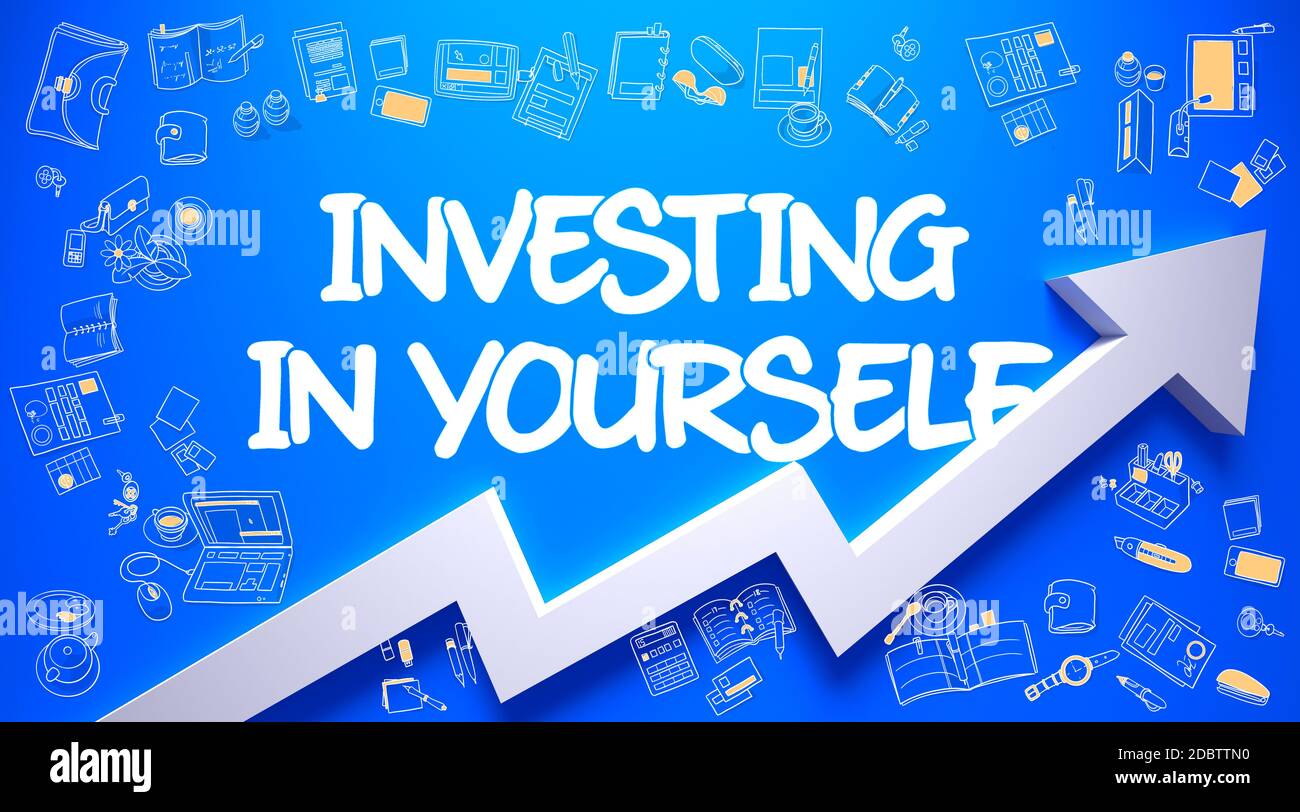 Azure Wall with Investing In Yourself Inscription and White Arrow. Business Concept. Investing In Yourself - Modern Line Style Illustration with Doodl Stock Photo