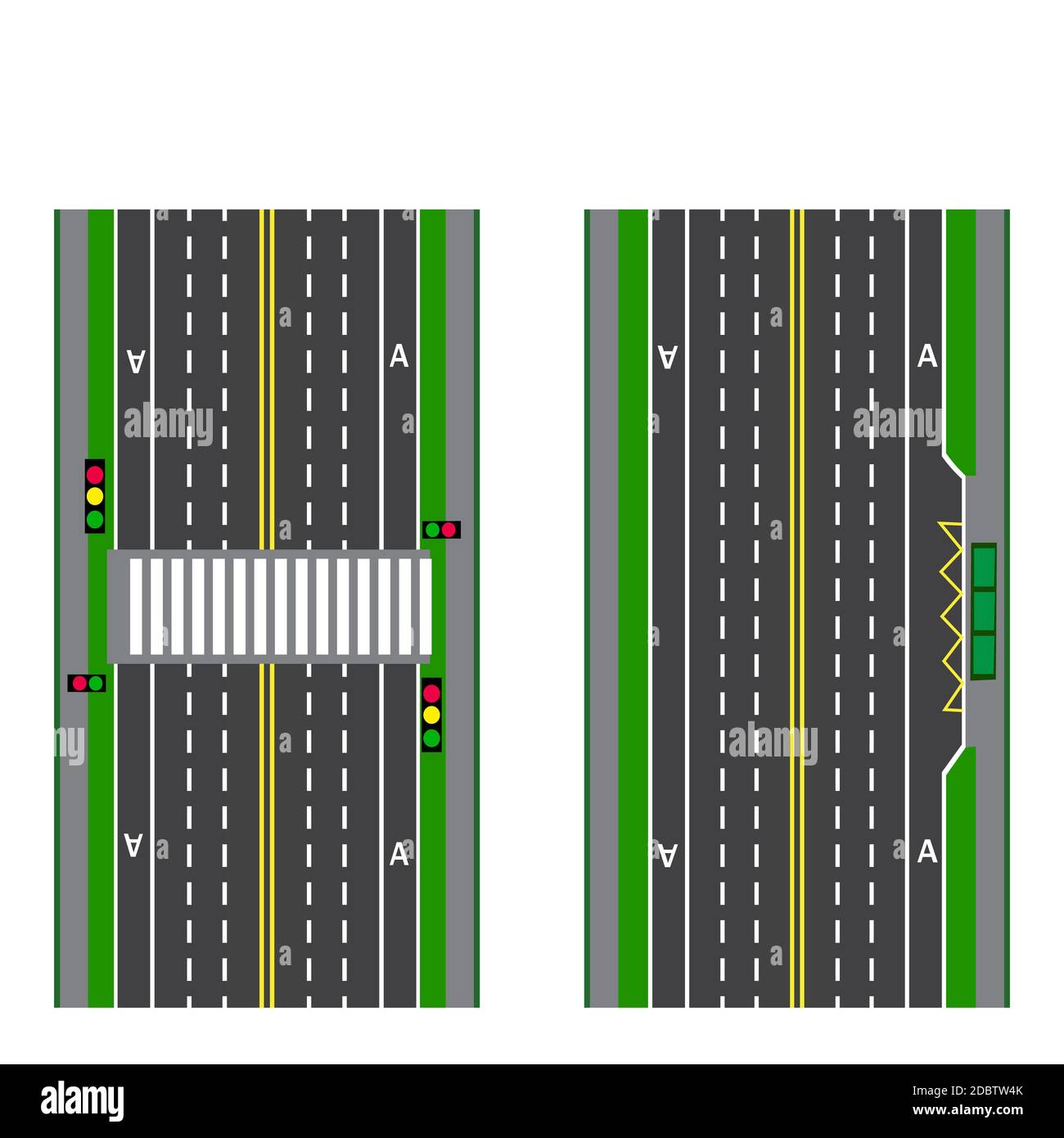 A set of road sections. Stop. Transition. Bicycle paths, sidewalks and intersections. View from above. Vector illustration Stock Photo