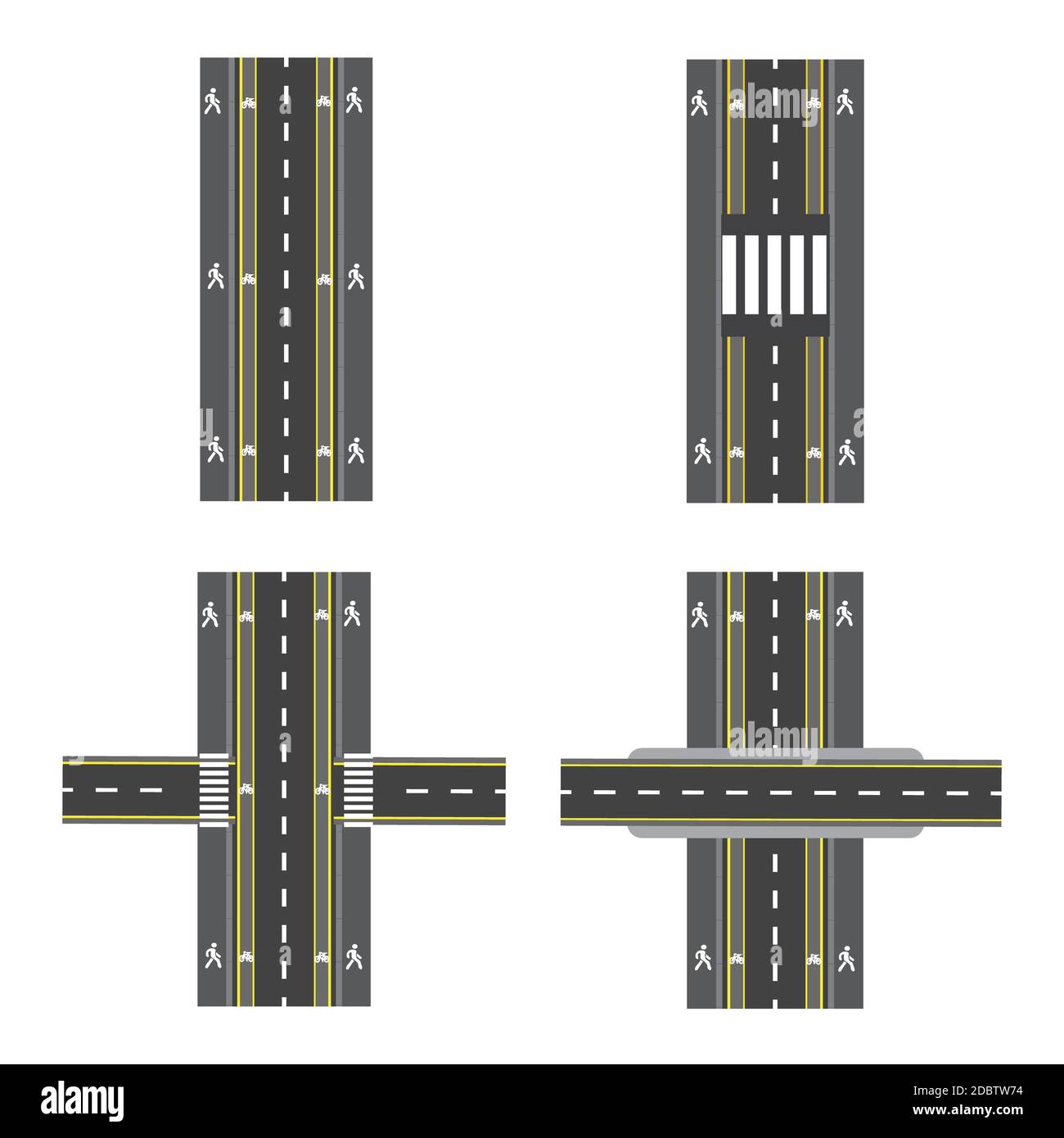 Set of different road sections with transitions, bike paths, sidewalks and intersections. Vector illustration Stock Photo