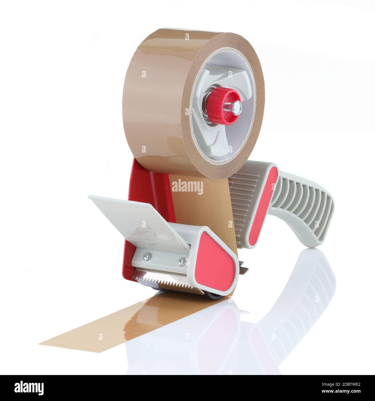 A Parcel tape dispenser with brown roll of tape on white background