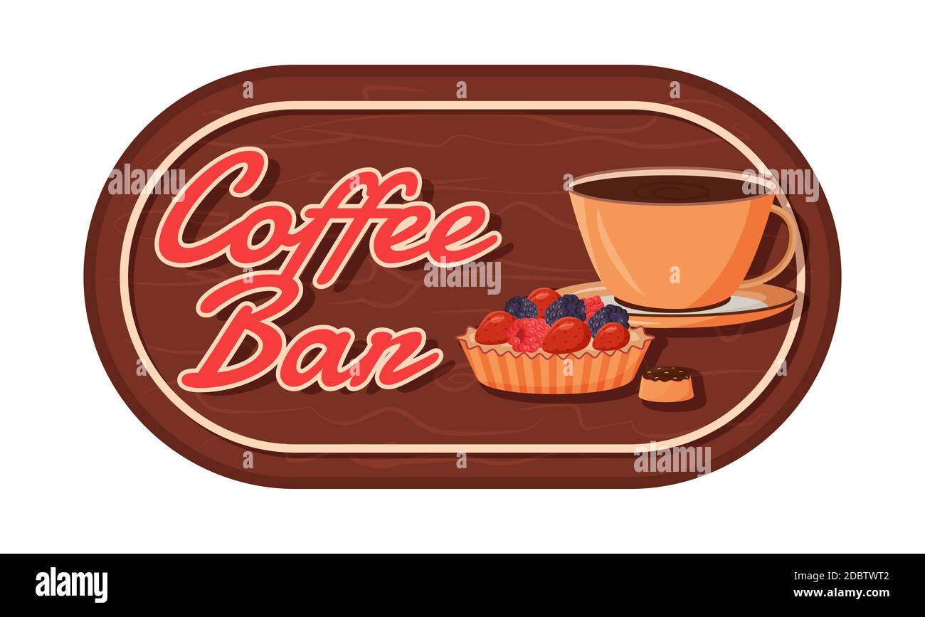 Coffee bar flat color vector label. Hot chocolate. Fruit tart. Baked