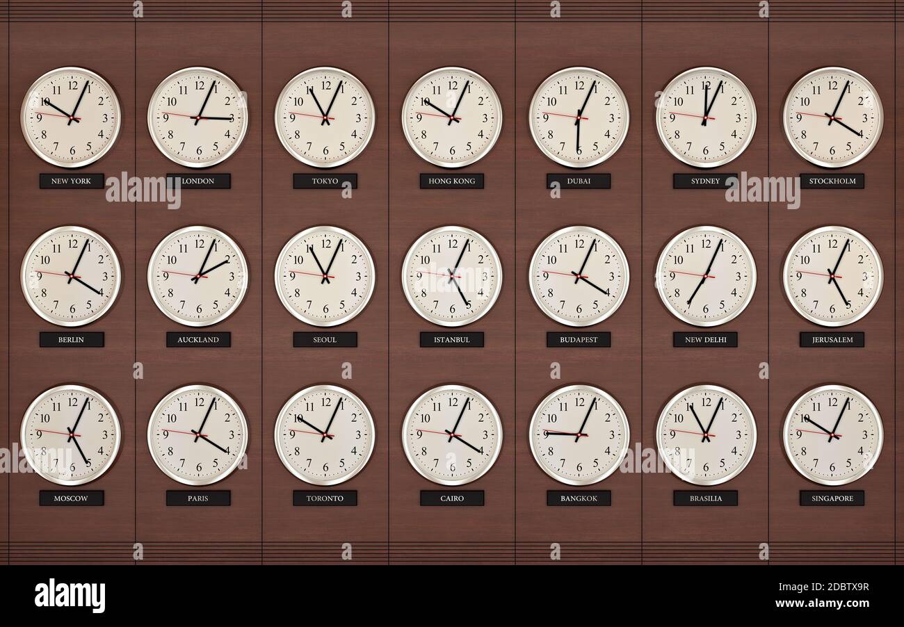 World wide time zone clock Clocks on the wall showing the time around World wide time zone clock Clocks on the wall showing the time around