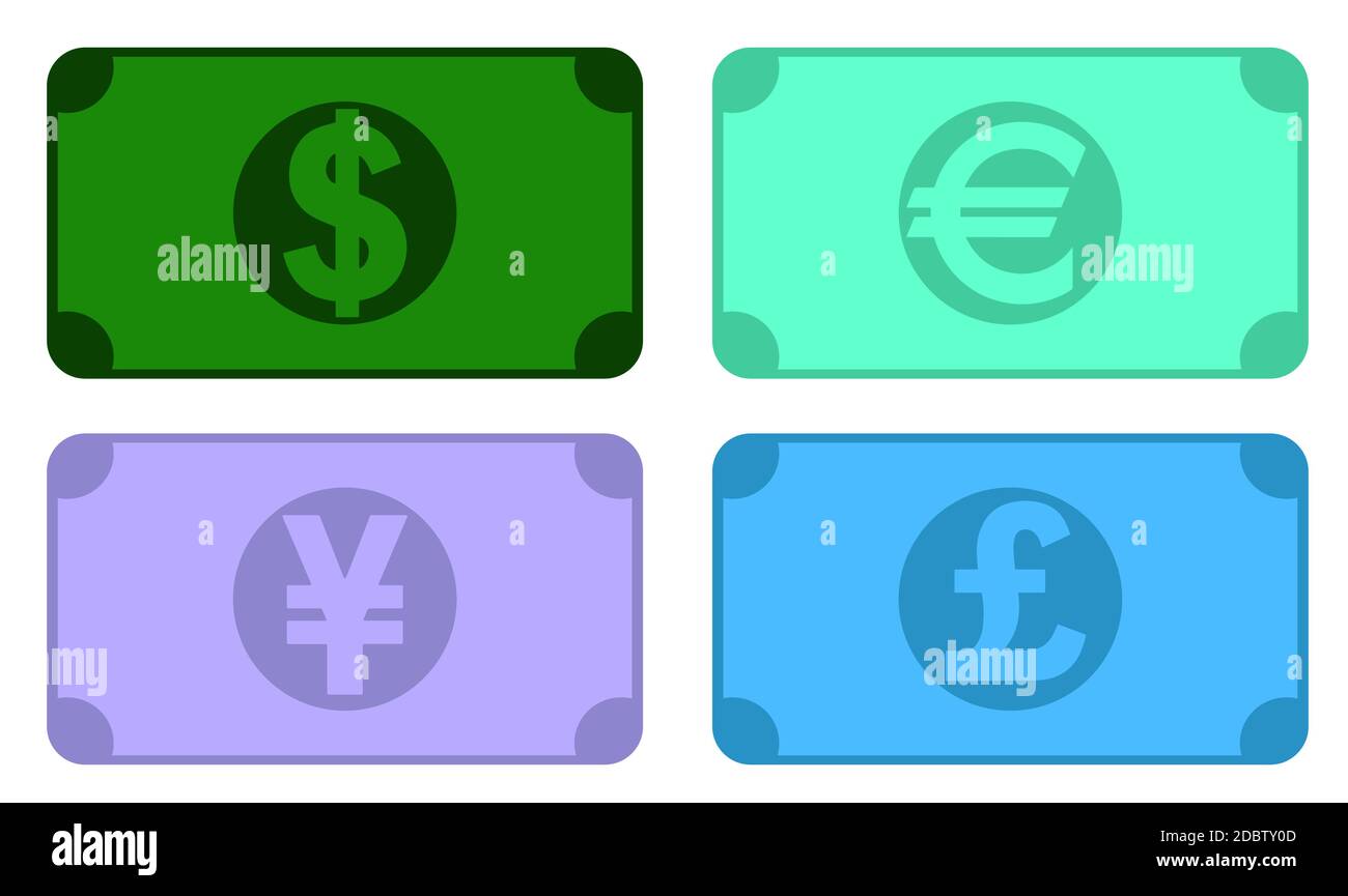 set of paper banknotes icons. US dollar, euro of the European Union, Japanese yen, British pound. Cash in business. Vector Stock Vector