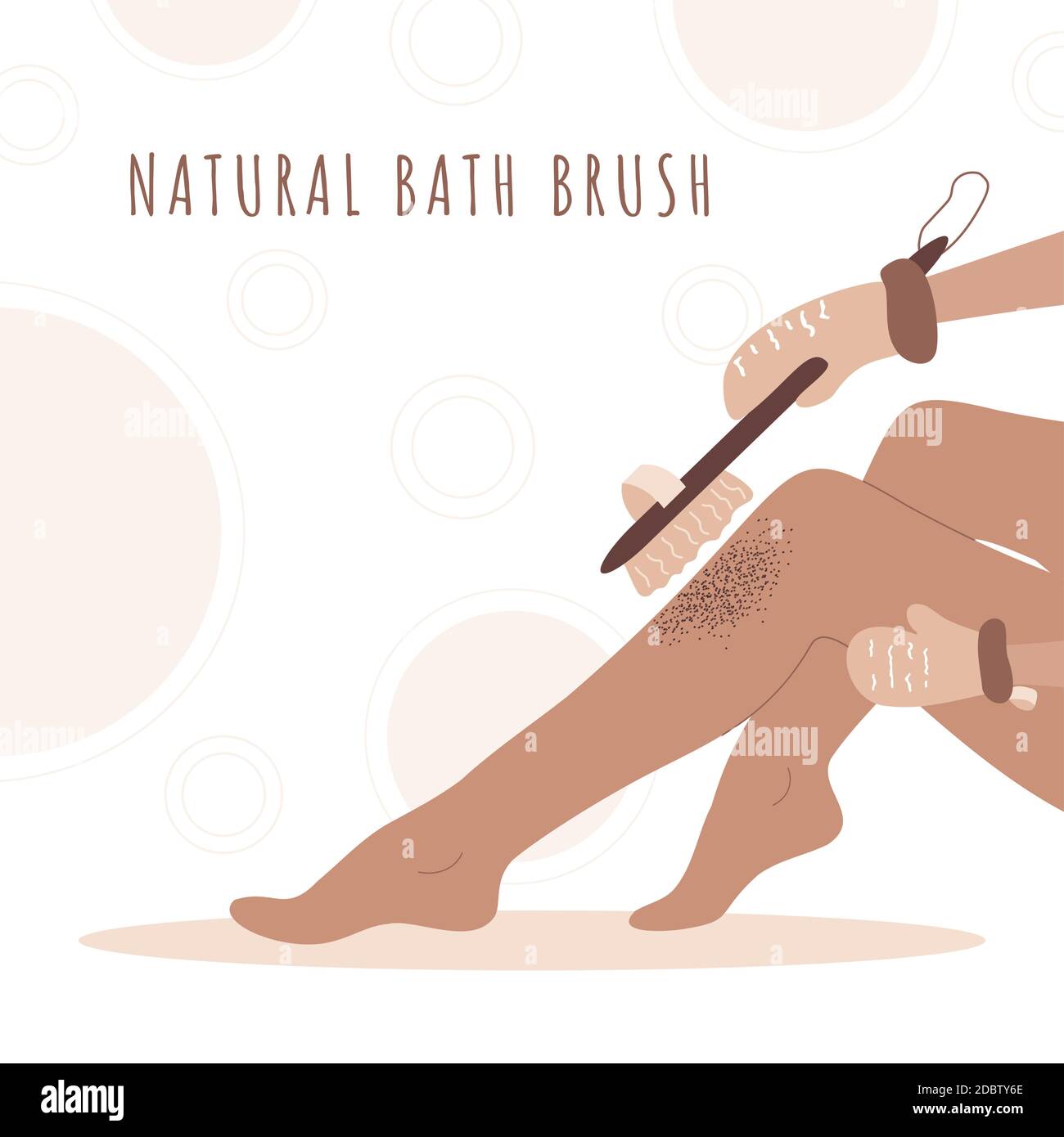 Woman exfoliating legs with dry wooden brush. Skin health Stock Vector