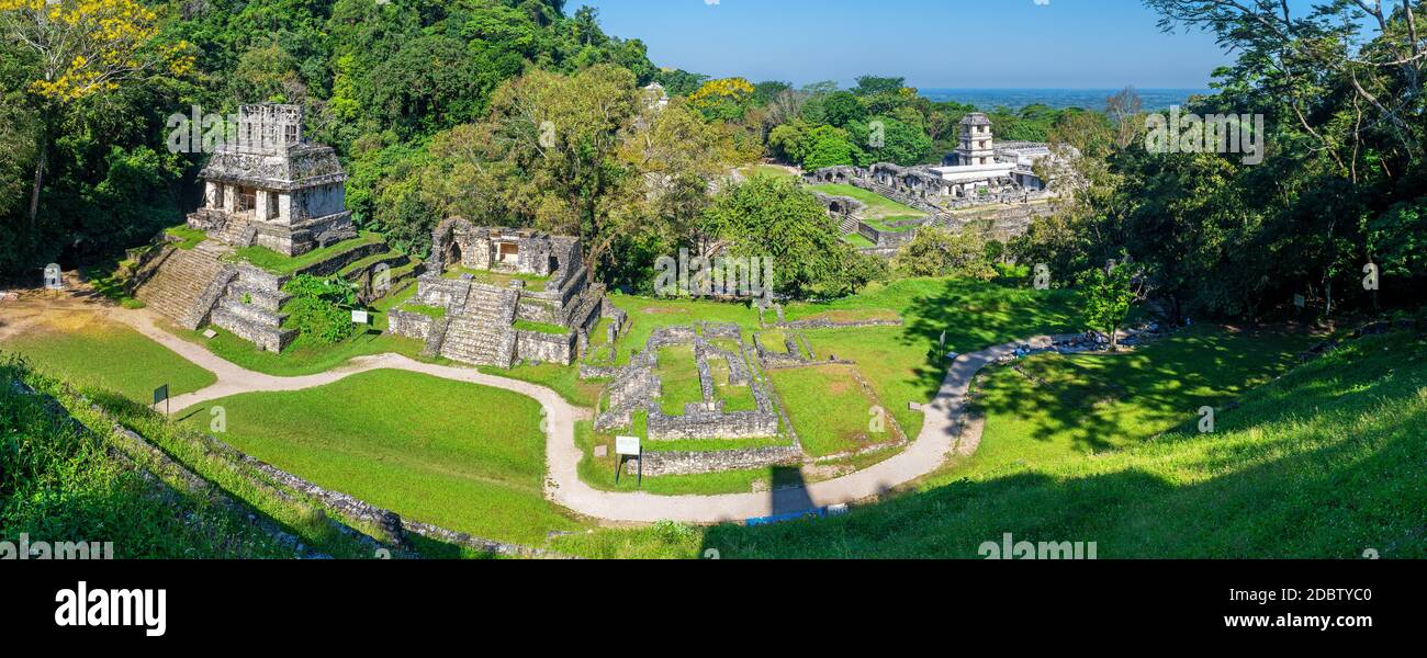 Large size panorama of the Palenque mayan ruins, Chiapas rainforest, Mexico. Stock Photo
