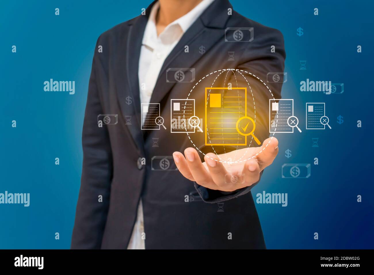 The hands of business people are choosing the right document icon, the concept of the best document management system and financial security. Stock Photo
