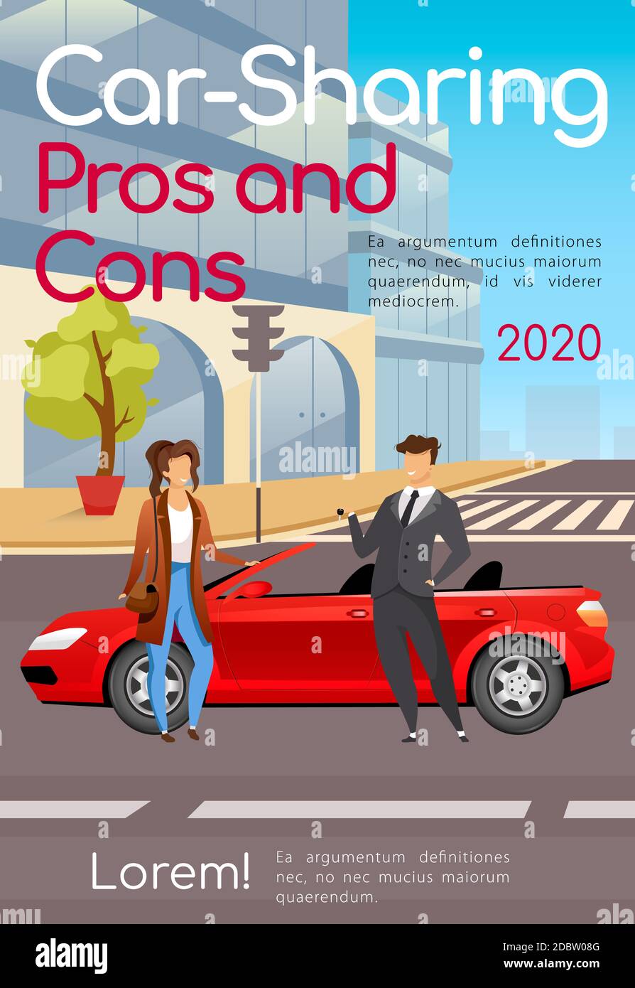 Car sharing pros and cons poster flat vector template. Ride share benefits  assessment brochure, magazine page concept design with cartoon characters  Stock Photo - Alamy