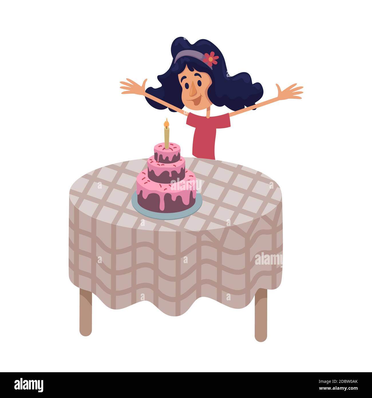 Little girl at table with birthday cake flat cartoon vector illustration.  Preteen child celebrate holiday. Ready to use 2d character template for  comm Stock Photo - Alamy