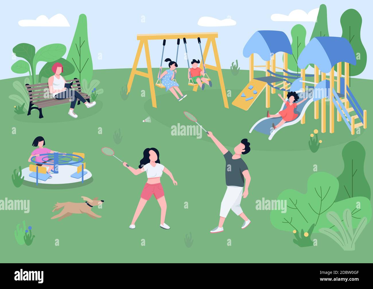 Children playground flat color vector illustration. Kids on carousel