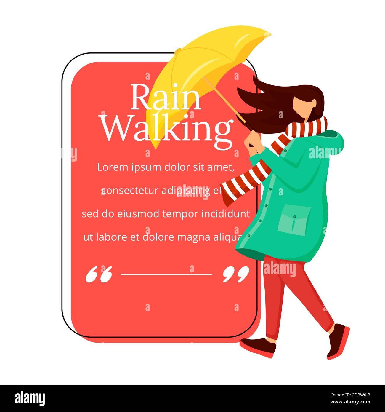 Rain walking flat color vector character quote. Wet weather. Caucasian  female in raincoat. Woman with umbrella. Citation blank frame template.  Speech Stock Photo - Alamy