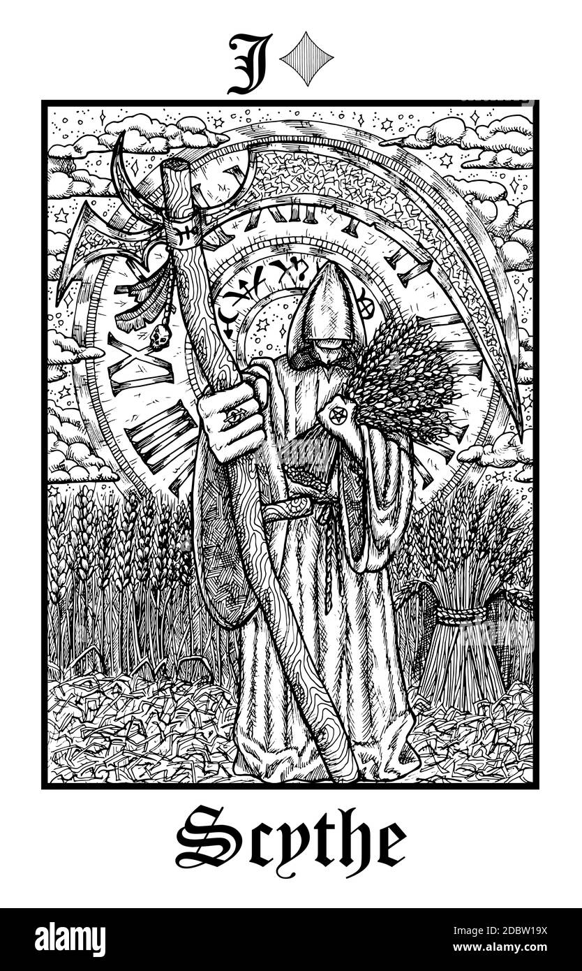 Scythe. Tarot card from vector Lenormand Gothic Mysteries oracle deck. Black and white engraved illustration. Fantasy and mystic line art drawing. Got Stock Vector
