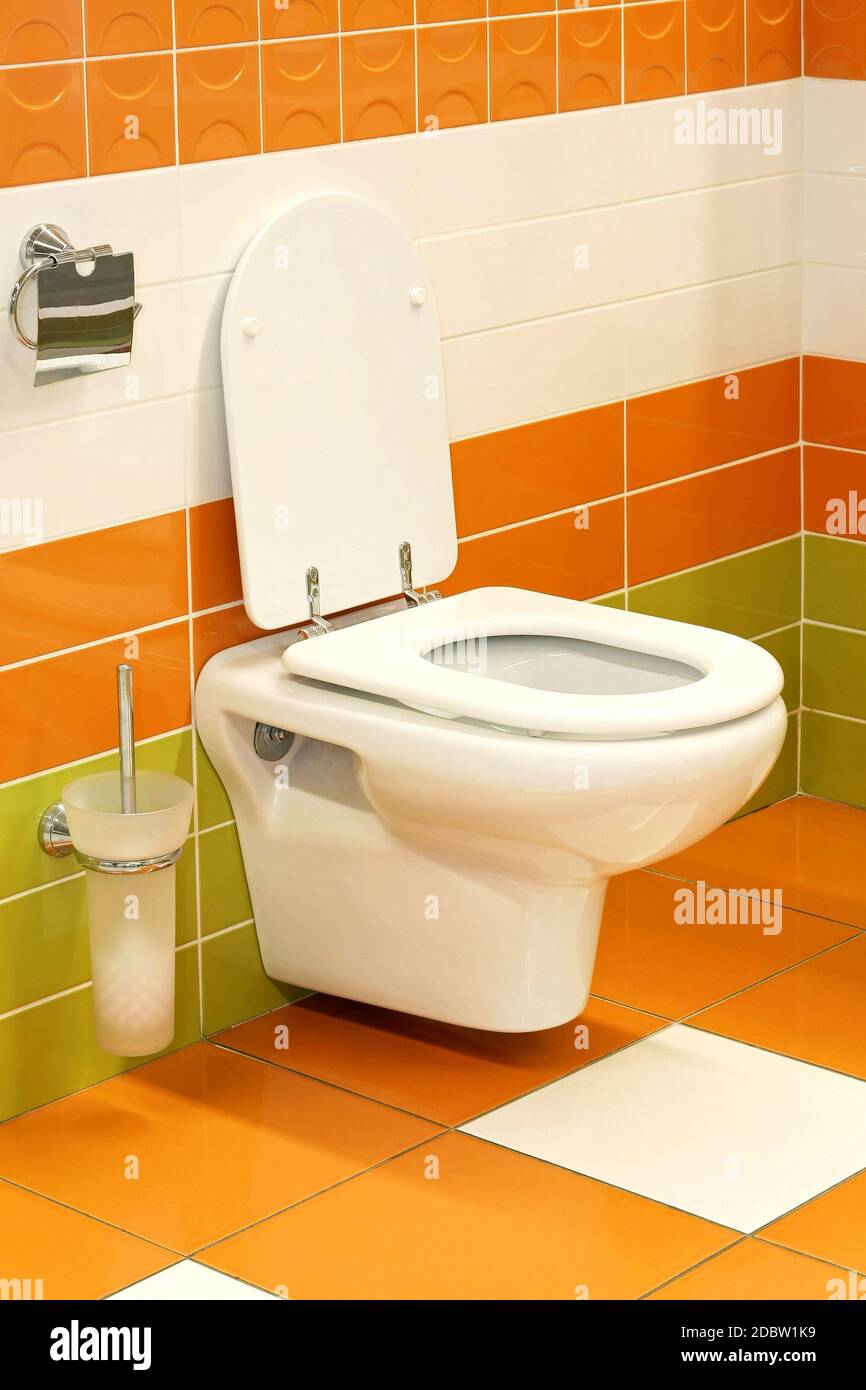 Potty seat in vivid orange and green toilet Stock Photo Alamy