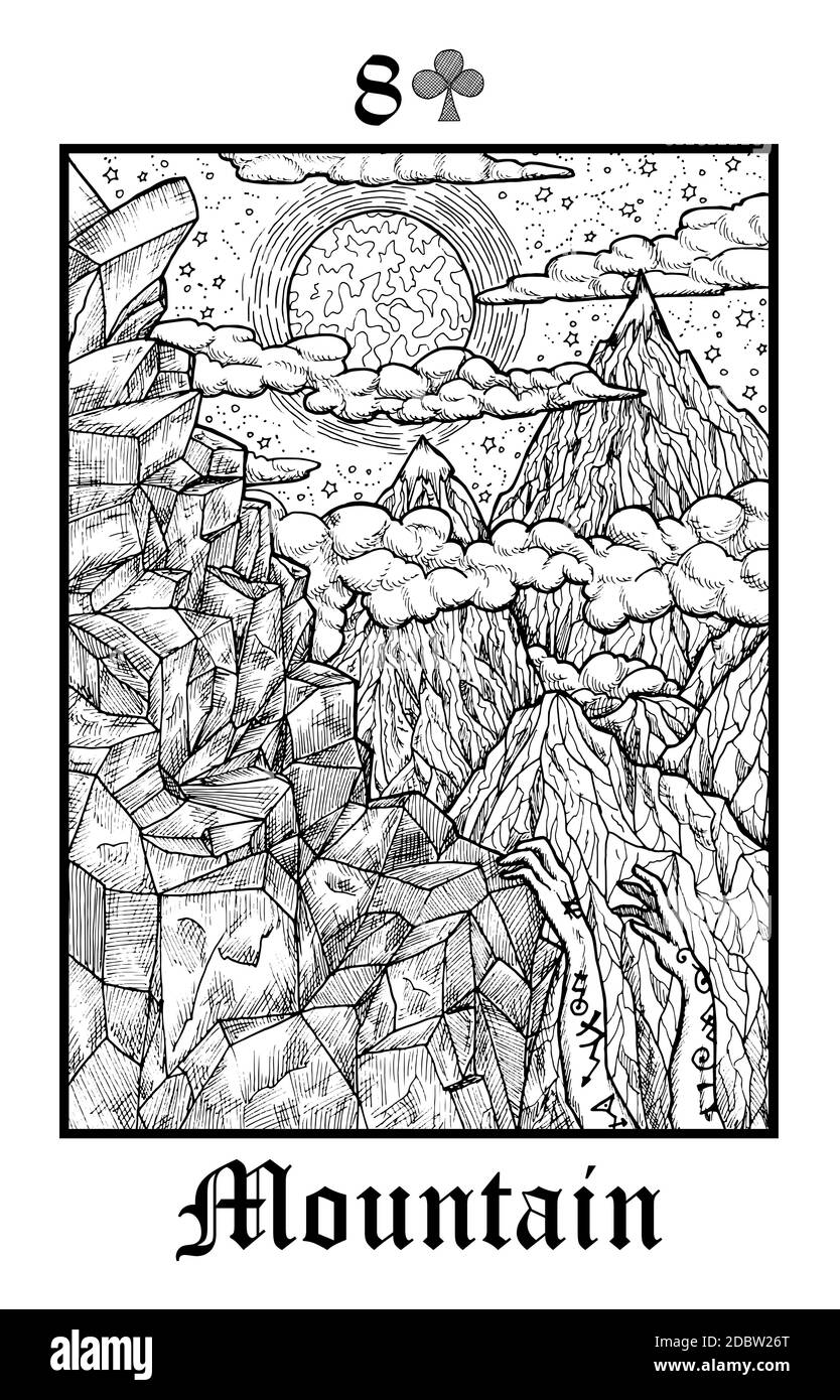 Mountain. Tarot card from vector Lenormand Gothic Mysteries oracle deck. Black and white engraved illustration. Fantasy and mystic line art drawing. G Stock Vector