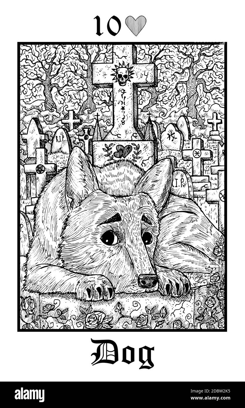 Dog. Tarot card from vector Lenormand Gothic Mysteries oracle deck. Black and white engraved illustration. Fantasy and mystic line art drawing. Gothic Stock Vector