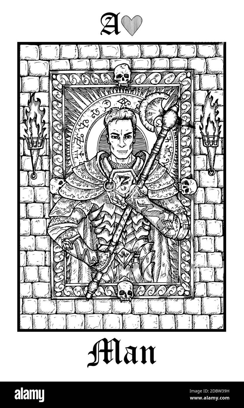 Man or knight. Tarot card from vector Lenormand Gothic Mysteries oracle deck. Black and white engraved illustration. Fantasy and mystic line art drawi Stock Vector