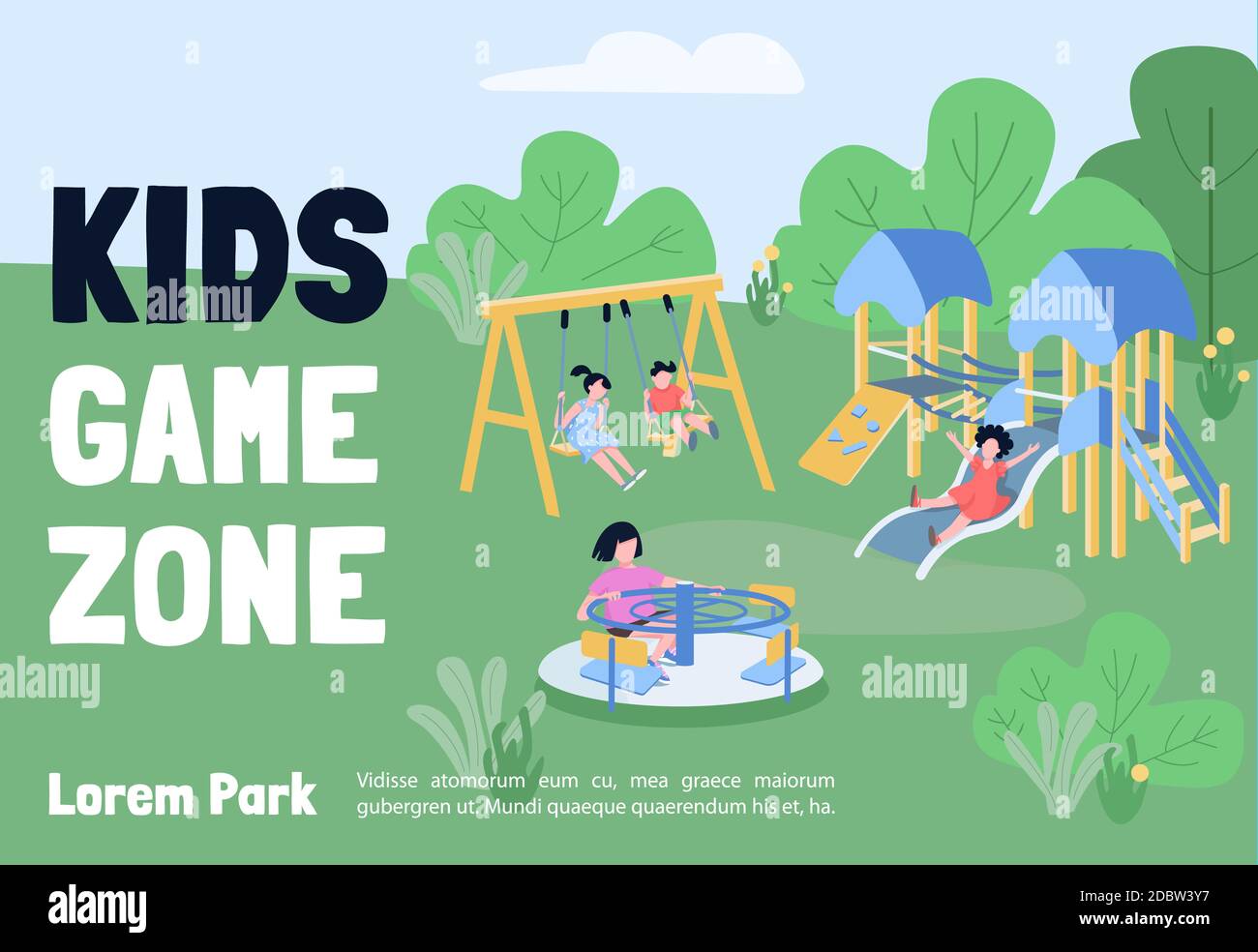 Kids Game Zone Banner Flat Vector Template Brochure Poster Concept Design With Cartoon Characters Children Playground Recreative Facilities Horizo Stock Photo Alamy