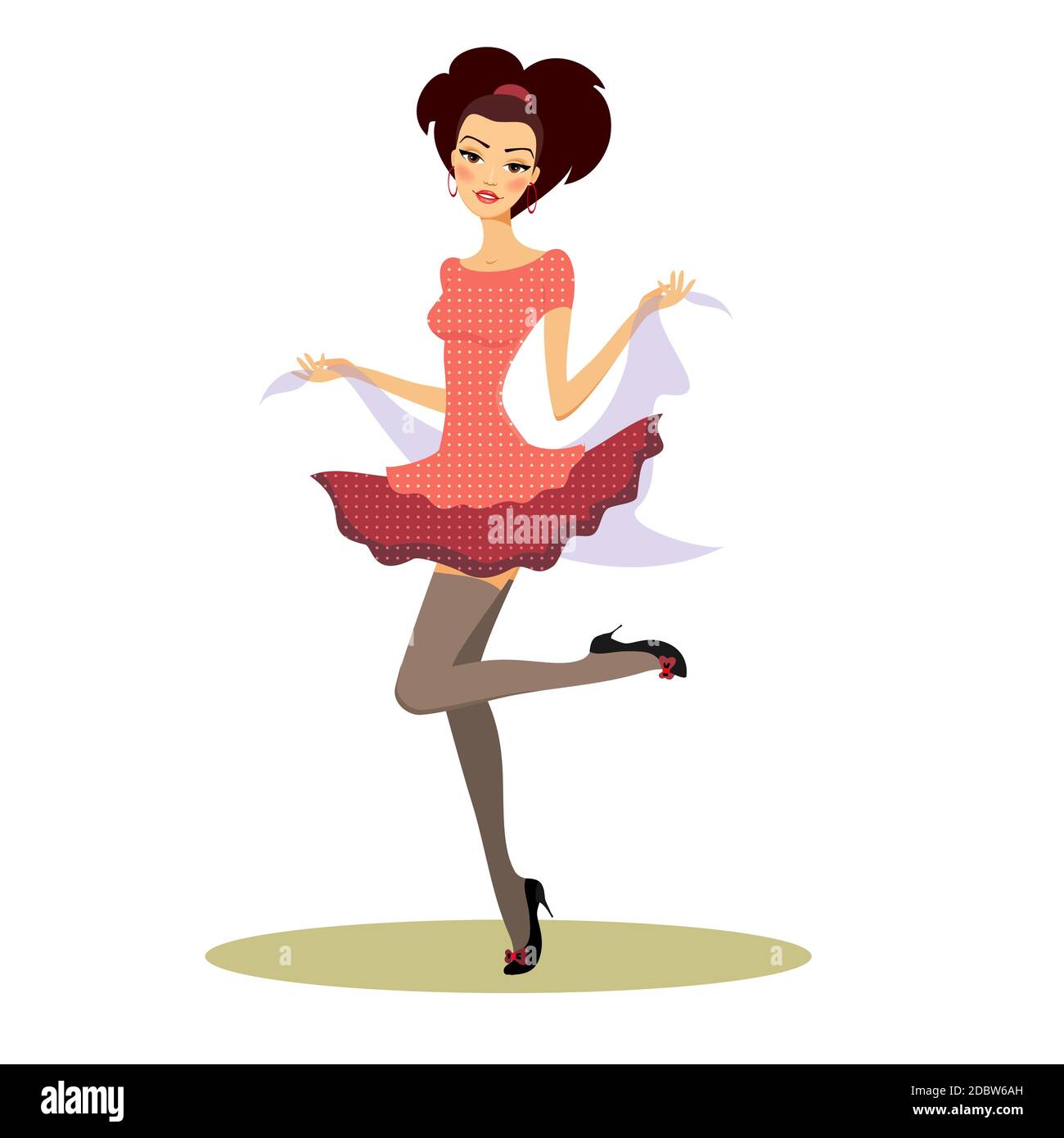 Beautiful girl dancing in retro party clothes wearing a full skirted chic red miniskirt kicking