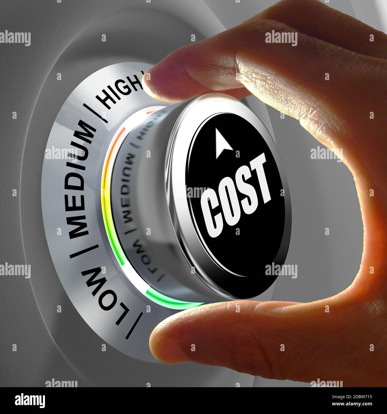 How much does it cost? Hand adjusting a Low to high cost button. Concept picture Stock Photo Alamy