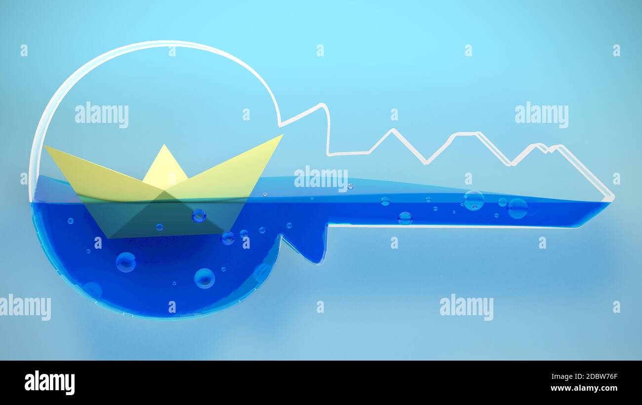 Paper folded boat sailing into a key. 3D Rendering. Concept ...