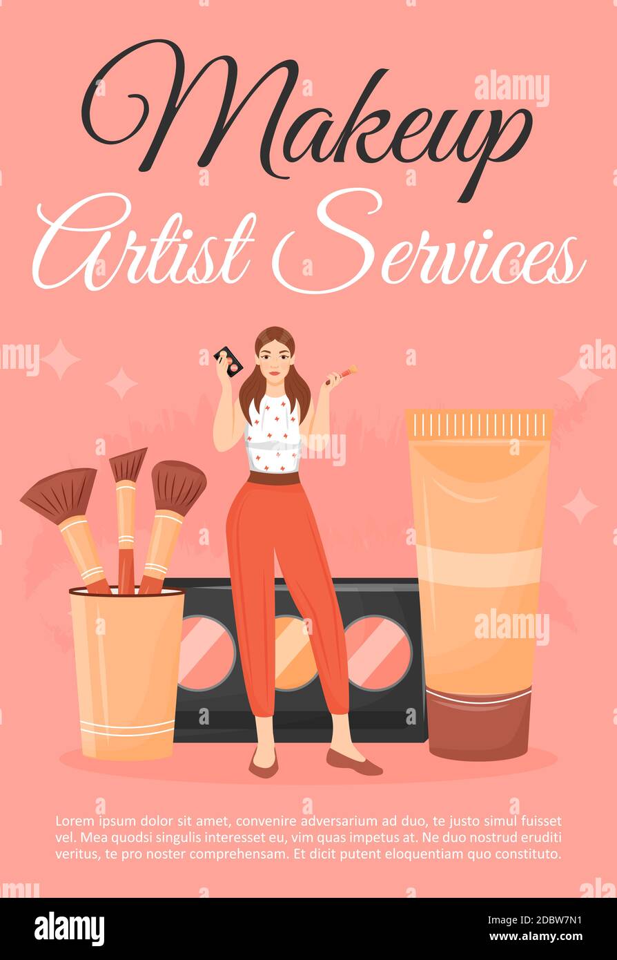 Makeup artist service poster flat vector template. Woman with beauty salon  cosmetics. Brochure, booklet one page concept design with cartoon character  Stock Photo - Alamy