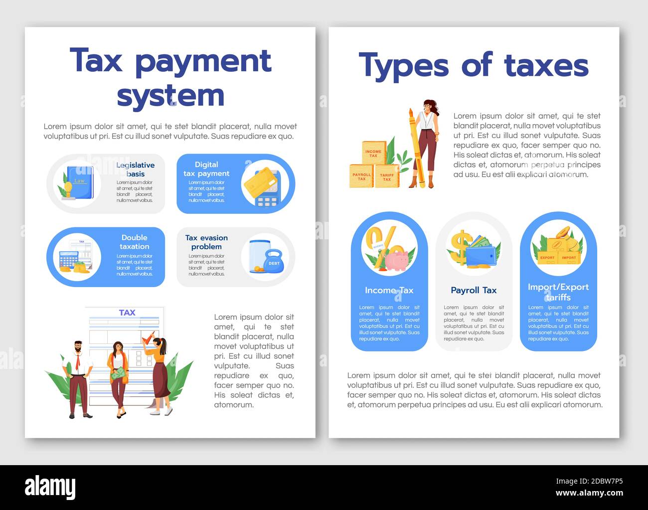 Tax payment system flat vector brochure template. Taxes types flyer, booklet, printable leaflet ...
