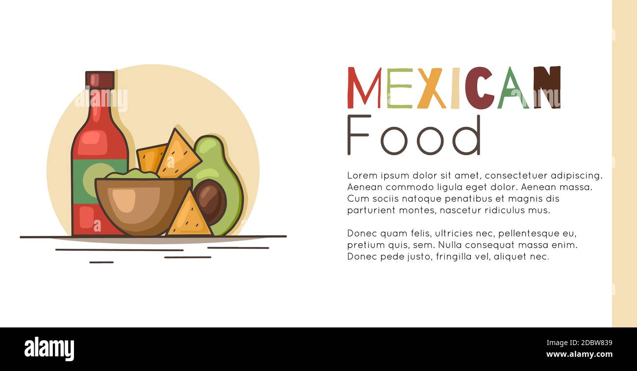 Horizontal banner with mexican food and place for text. Avocado guacamole  with nachos corn chips, spicy sauce and lettering. Vector template for menu  Stock Vector Image & Art - Alamy