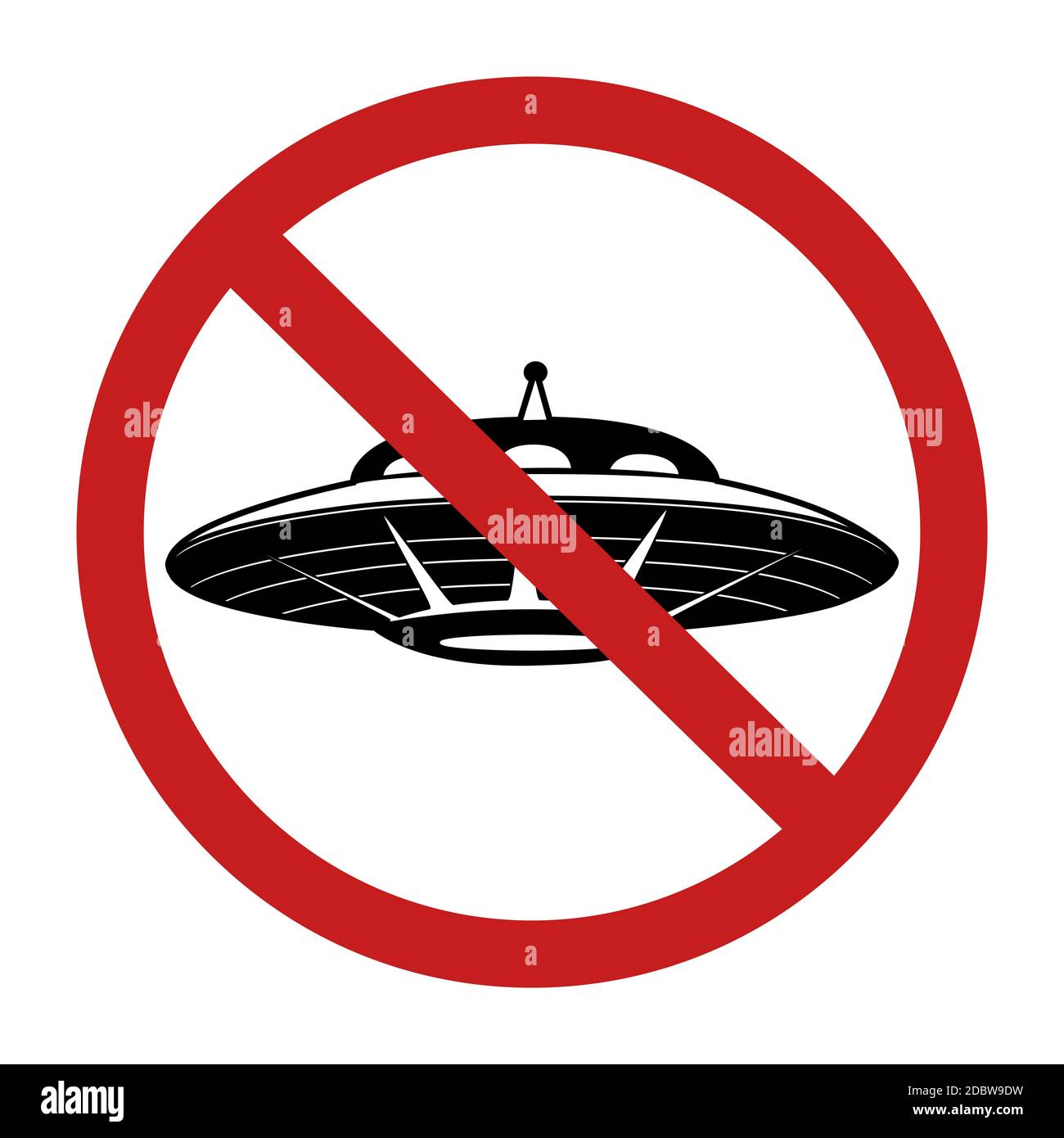 Black silhouette of UFO in red prohibition sign. Ban on flying saucer. Unknown flying object. Forbidden for guest from space. Vector object for icon, Stock Vector