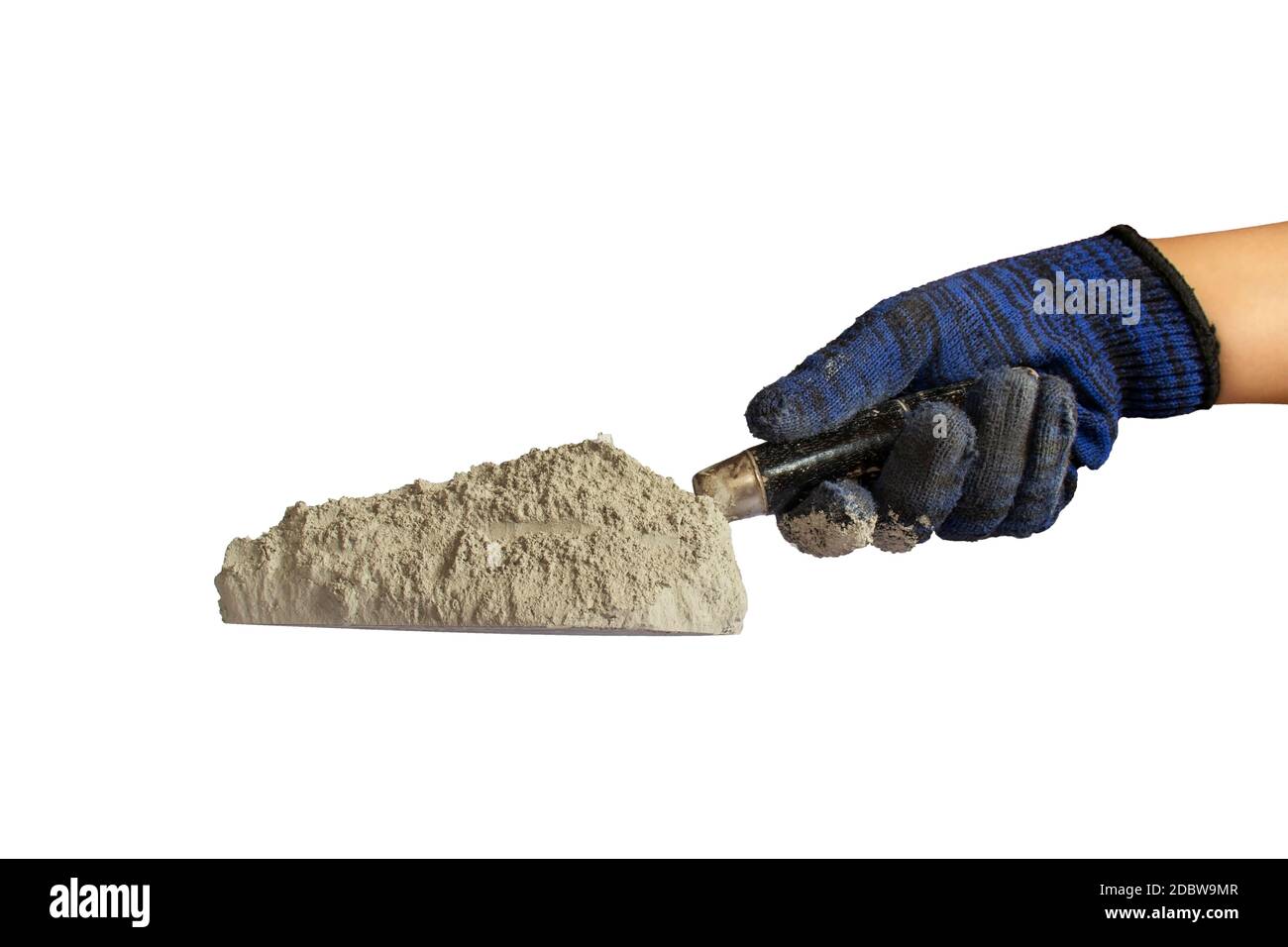 Cement or cement powder on the plastering trowel, including the hands of the builder isolated on white background with the clipping path. Stock Photo