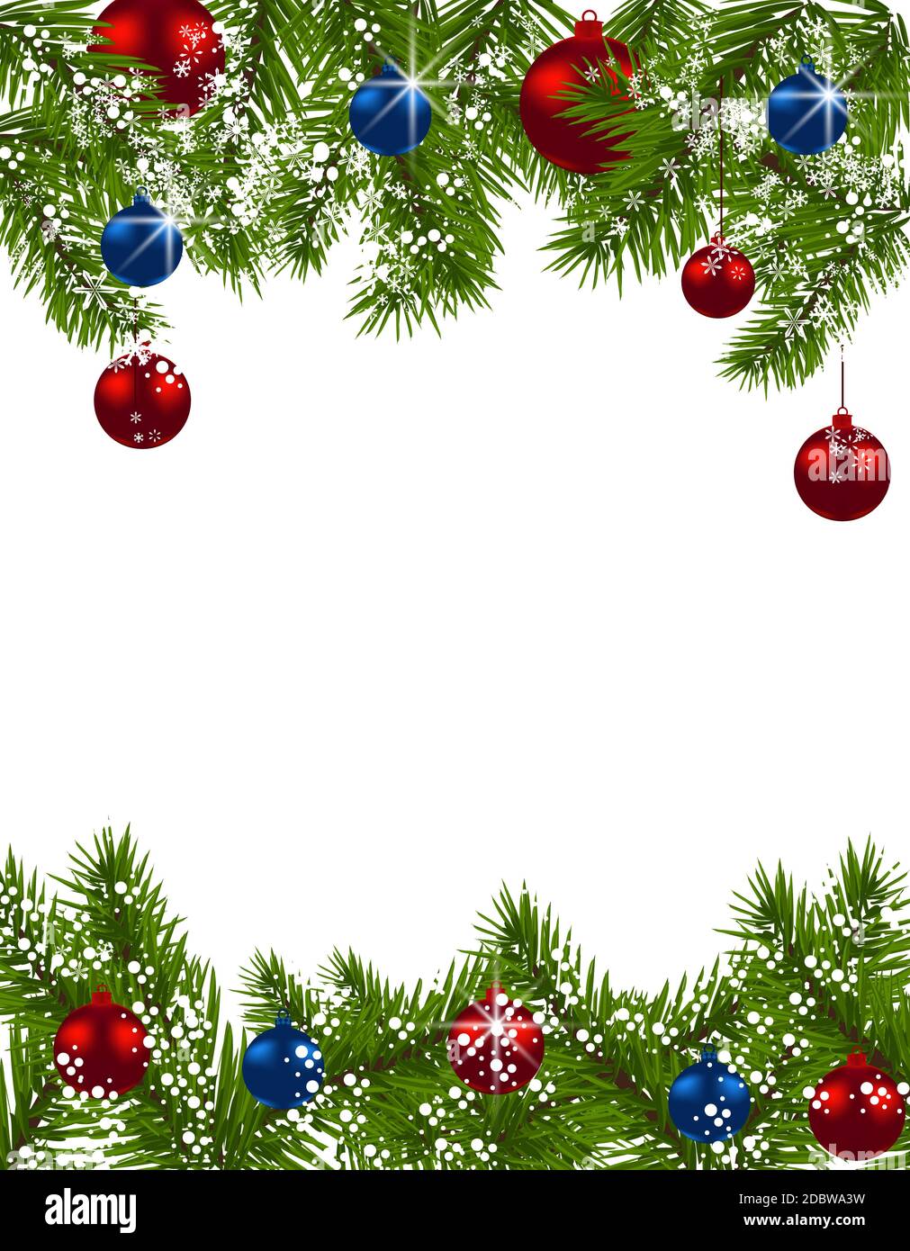 Christmas greeting card. Green fir branches with red and blue balls on ...