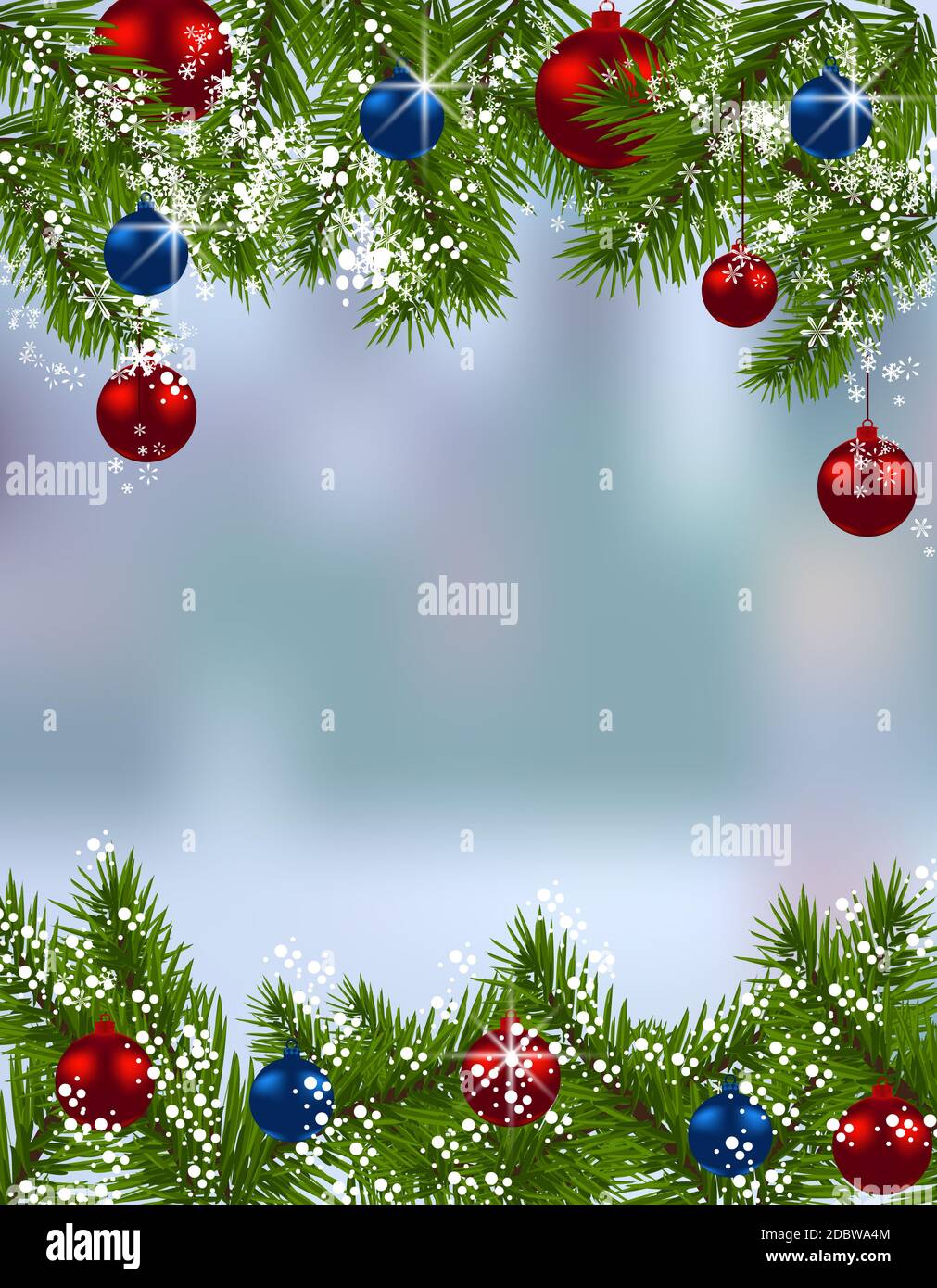 Holiday card. Green fir branches with red and blue balls in the real ...
