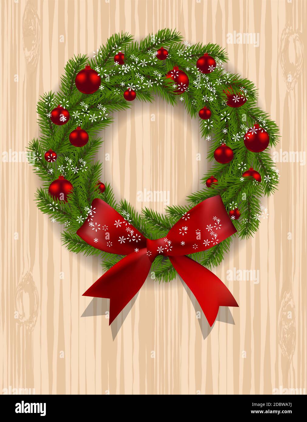 Christmas wreath. Green branch of fir with red balls and ribbon on a ...