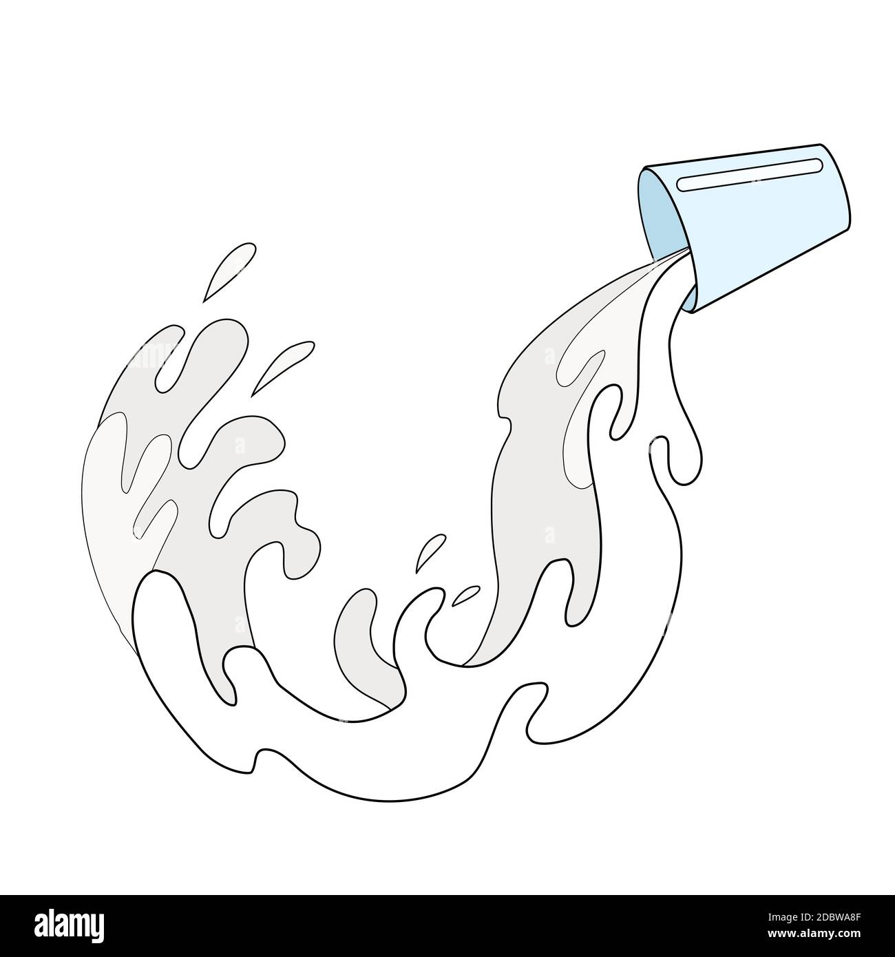 Outline illustration of pouring milk from a cup. Contour cartoon water