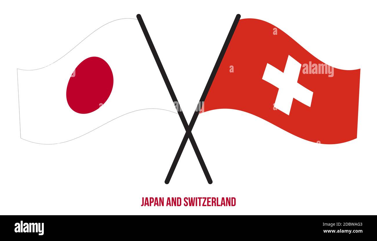 Japan and Switzerland Flags Crossed And Waving Flat Style. Official