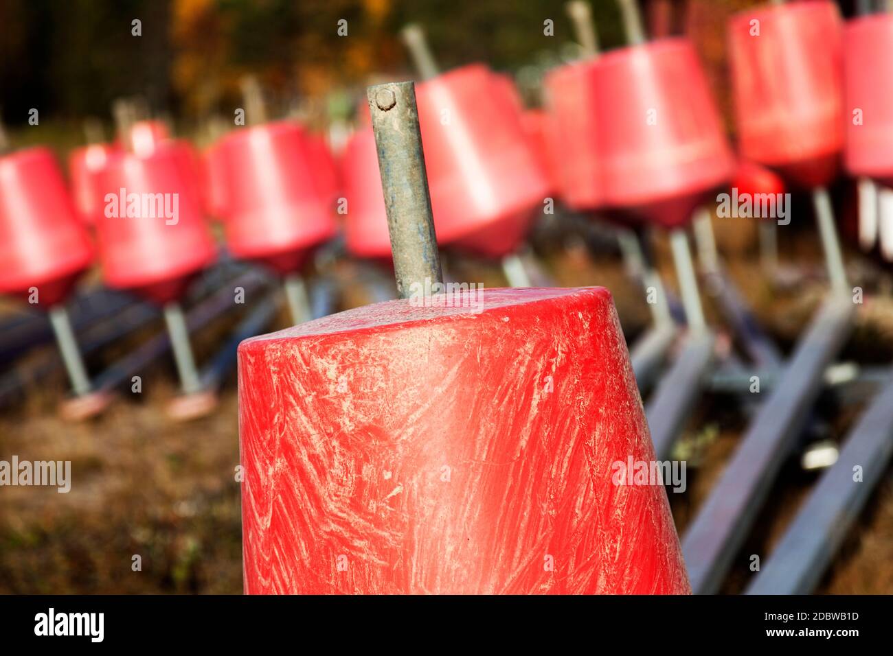 lots of red buoys to the floating bridge Stock Photo