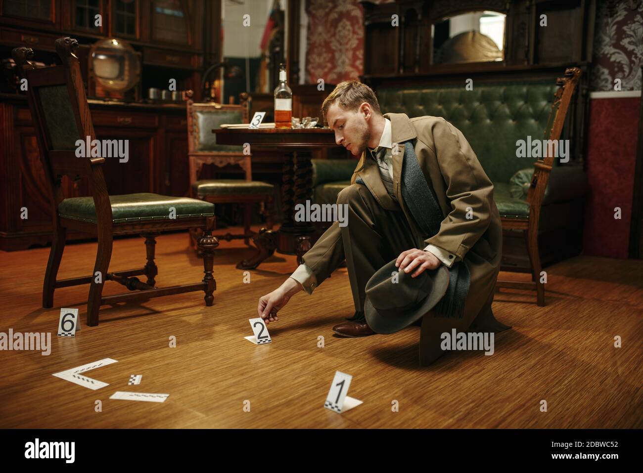 Male detective in coat collecting evidence at the crime scene, retro