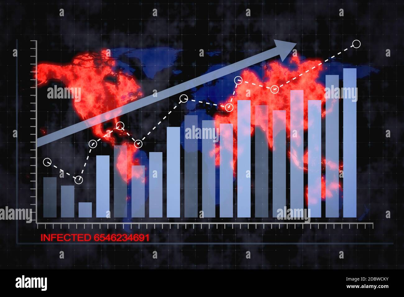 Rising blue bar graph following the arrow on a background of a world ...