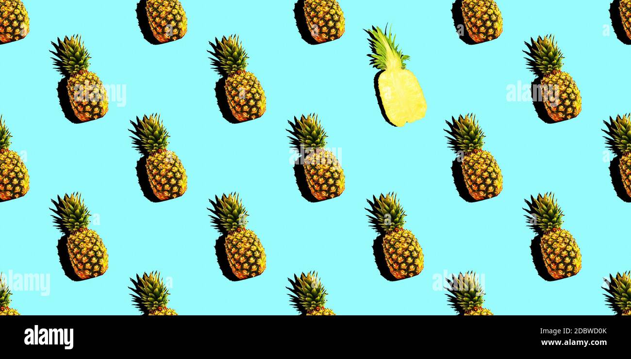 Seamless pattern with summer decoration of ripe pineapple with shadow. Tropical style concept background, wrapper, layout or mockup. Stock Photo