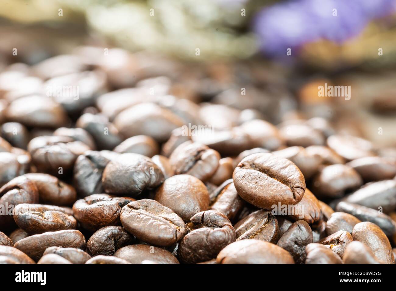 Close up roasted coffee beans heap with flower background Stock Photo ...