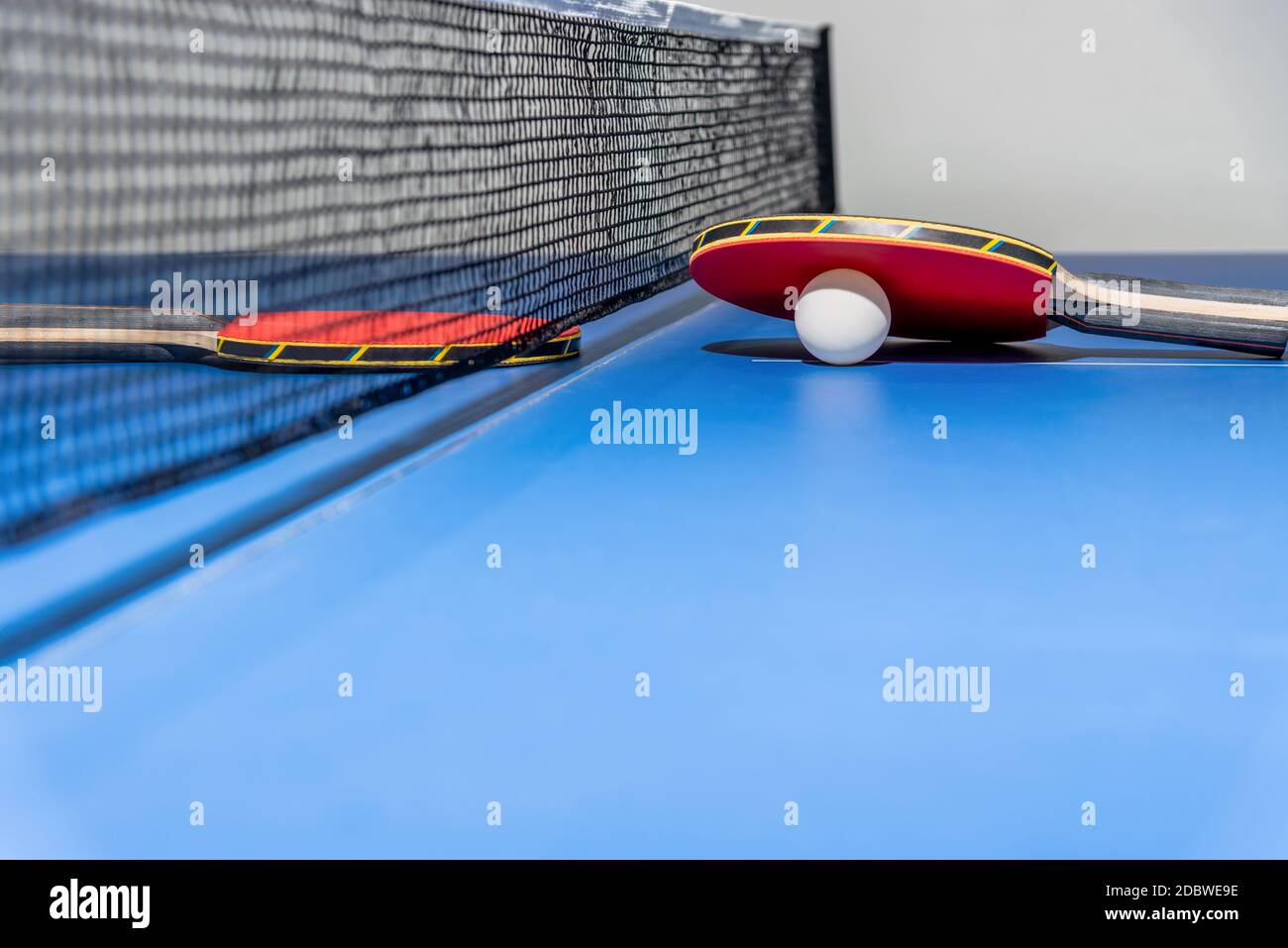 Red table tennis racket and a white ball on the blue ping pong table with a black net, Two table tennis paddle is a sports competition equipment indoo Stock Photo