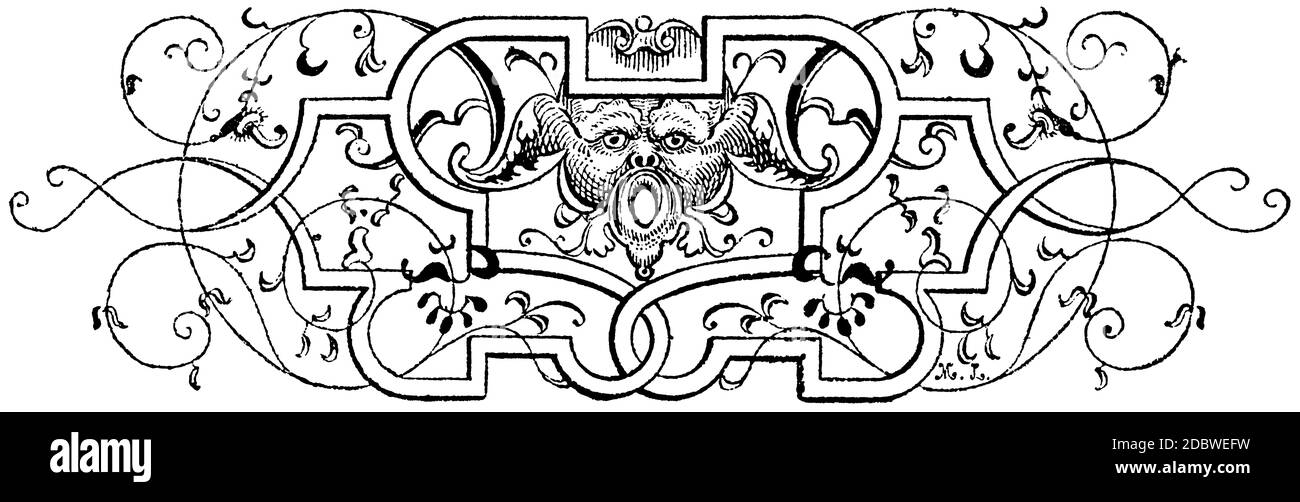 Ornamental tailpiece  with grotesque gargoyle head and vines of flourishes from 1881 engraving Stock Photo