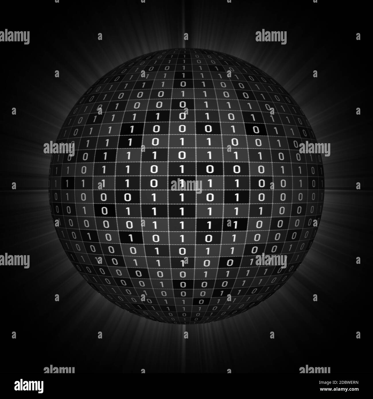 Sphere of random binary numbers isolated on black background - binary code for digital data in security business concept Stock Photo