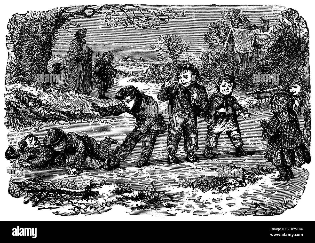 Winter snowball fight from  vintage engraving Stock Photo