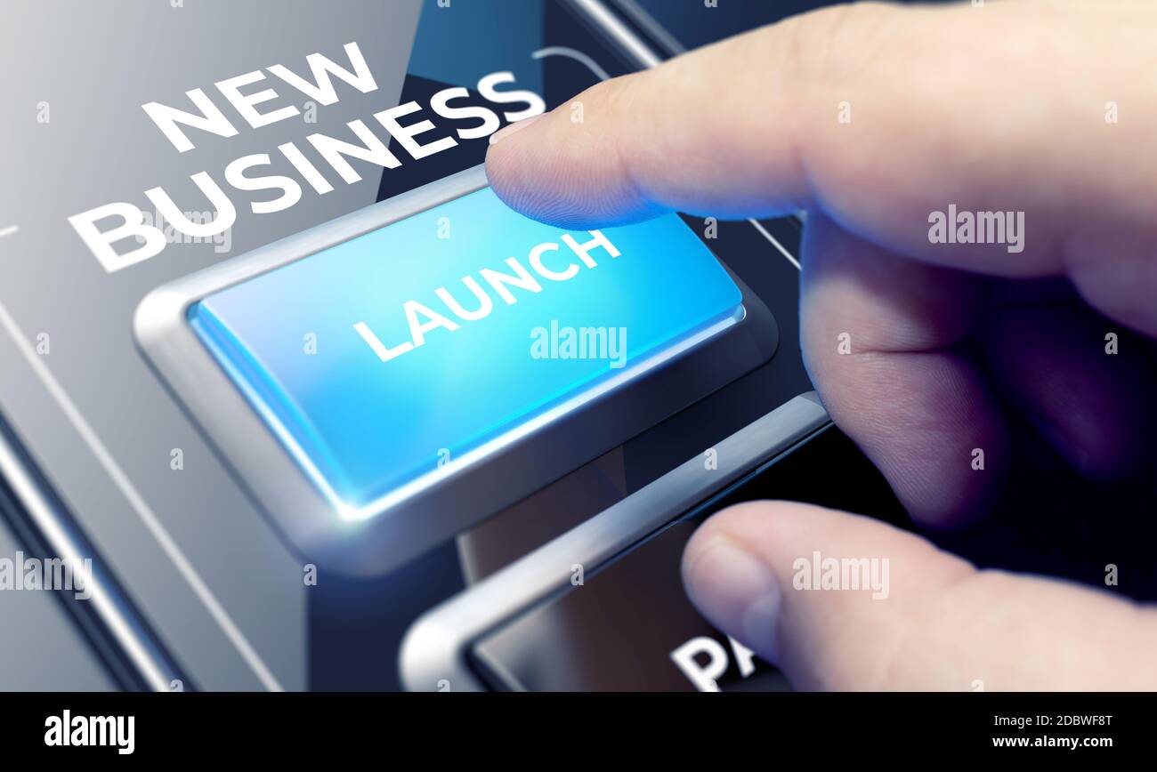 Man Using a New Business System by Pressing a Button on Futuristic Interface. New Business Concept. Business Recovery Process after the Coronavirus Pa Stock Photo