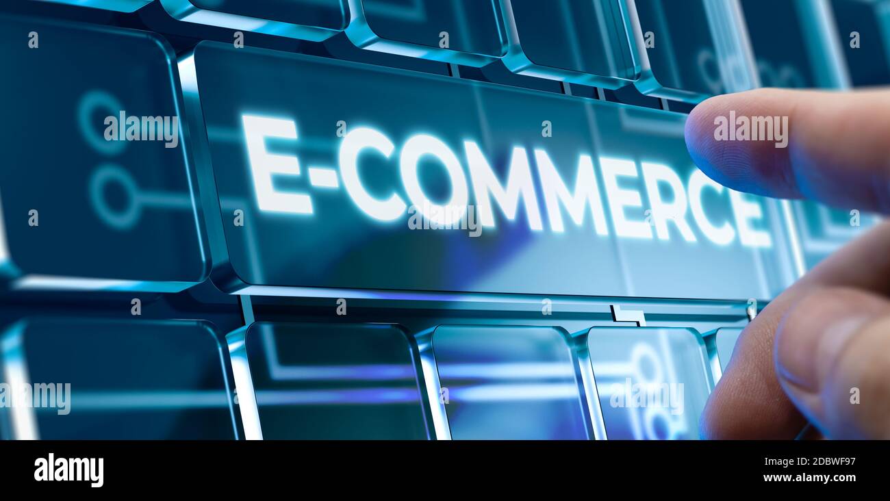 Man Using a E-Commerce System by Pressing an E-Commerce Button on Futuristic Interface. Business Concept Stock Photo