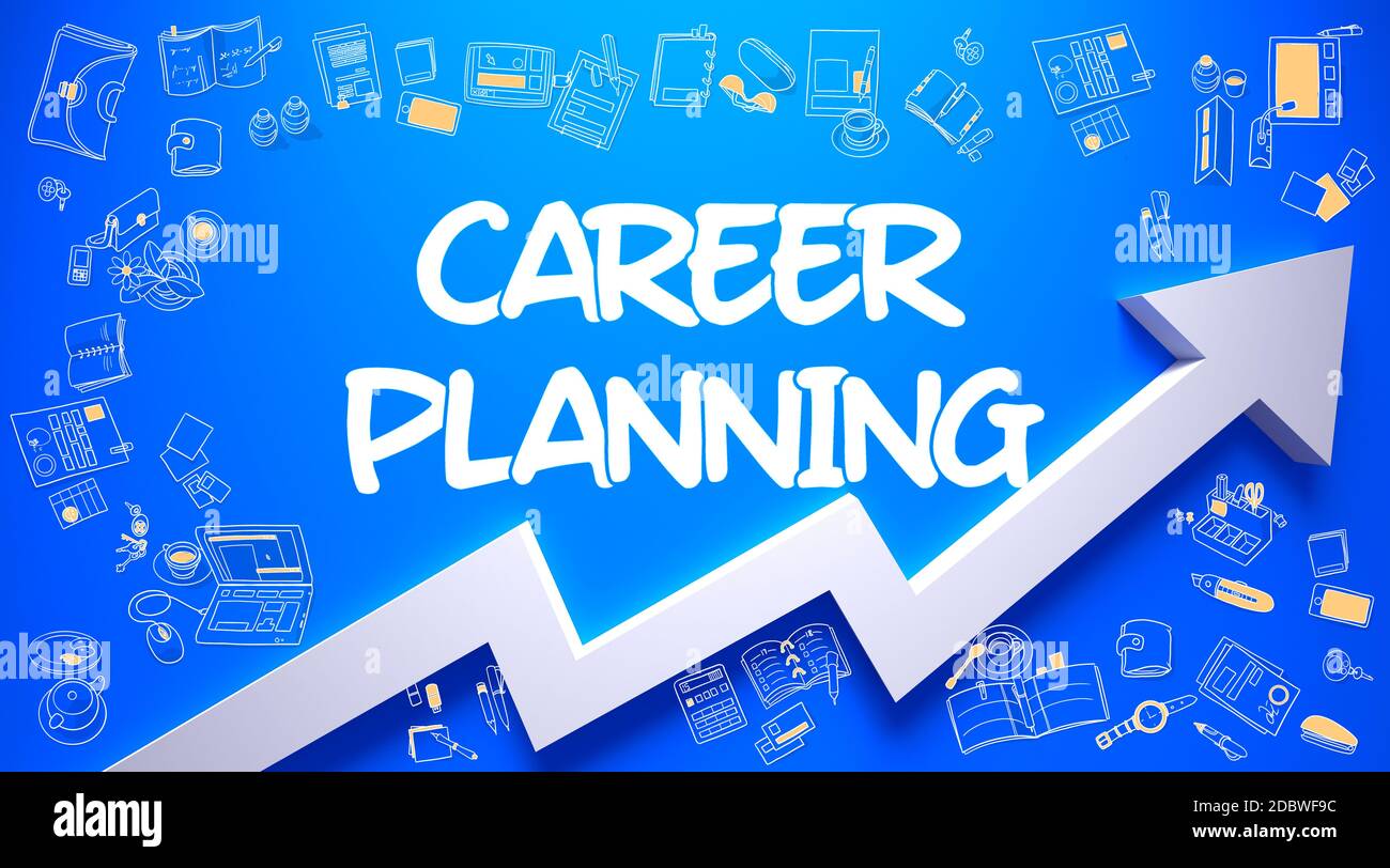 Career Planning - Business Concept. Inscription on Azure Wall with Hand Drawn Icons Around. Career Planning Drawn on Blue Surface. Illustration with H Stock Photo