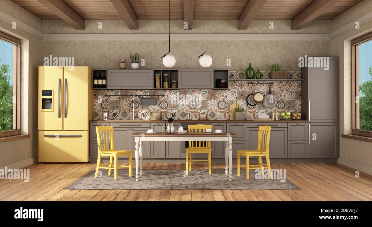 Brown and yellow vintage kitchen with dining table and chairs 3d